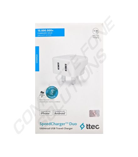 ttec SpeedCharger 3.1 Amp Two Port USB Mains Charger - White (Retail Packaged)